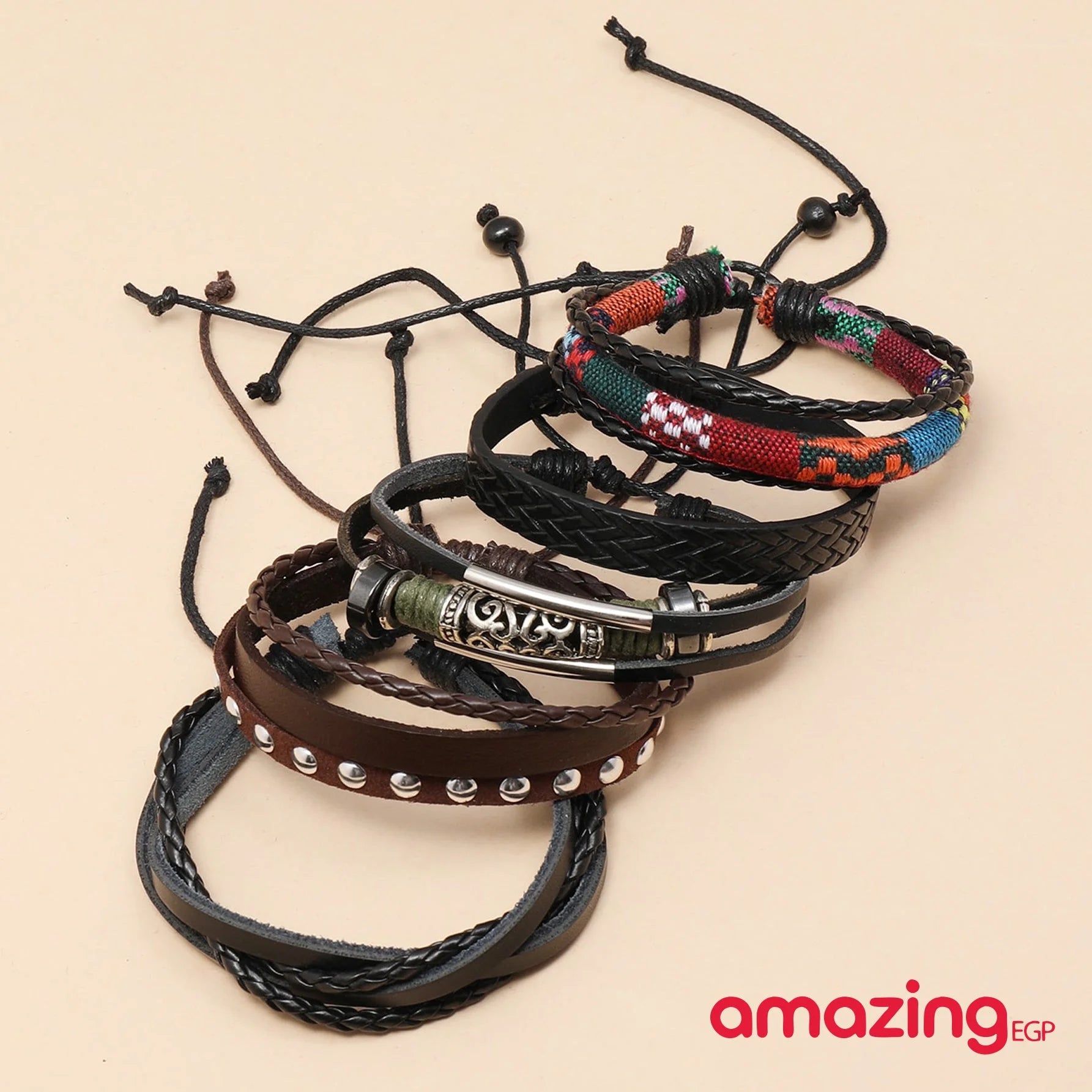 مجموعة من سوار مضفور للرجال اساور إسورة يد للرجال جلد صناعي سوار الى مجوهرات هدية أنيق نظرة - 5 قطع | اسورة اكسسوارات الرجال | amazingEGP