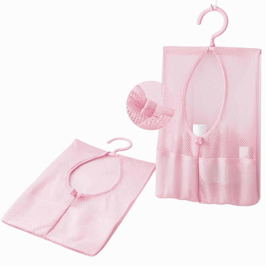 شنطة تخزين قابلة للتعليق متعددة الأغراض، تصلح لصابون حمام، منشفة التجفيف، شنطة شبكية، منظم للجوارب، للملابس داخلية، سلة لتجفيف الملابس - زهري