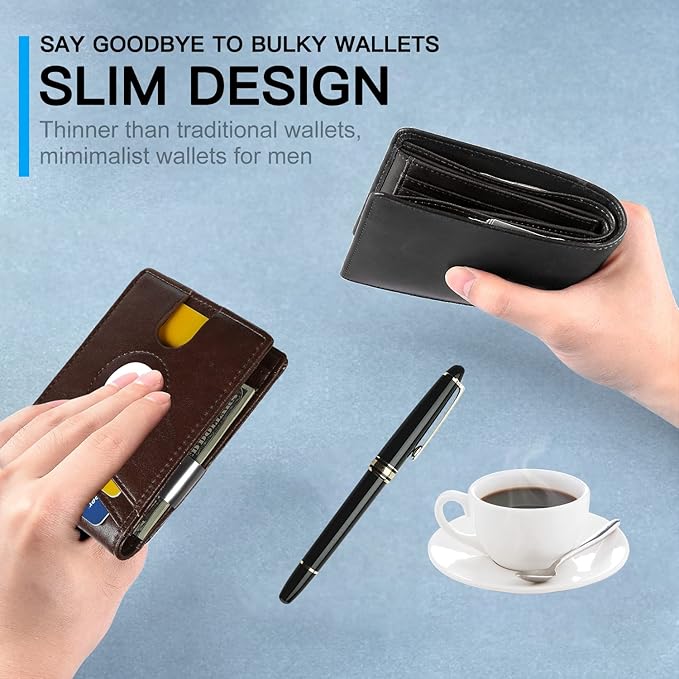 محفظة ايرتاج رفيعة للرجال مع مشبك نقود وتقنية RFID | بتقنية حجب تقنية تحديد الهوية بموجات الراديو، حافظة ثنائية الطي لحمل بطاقات الائتمان لجهاز ابل اير تاج – بني زيتي