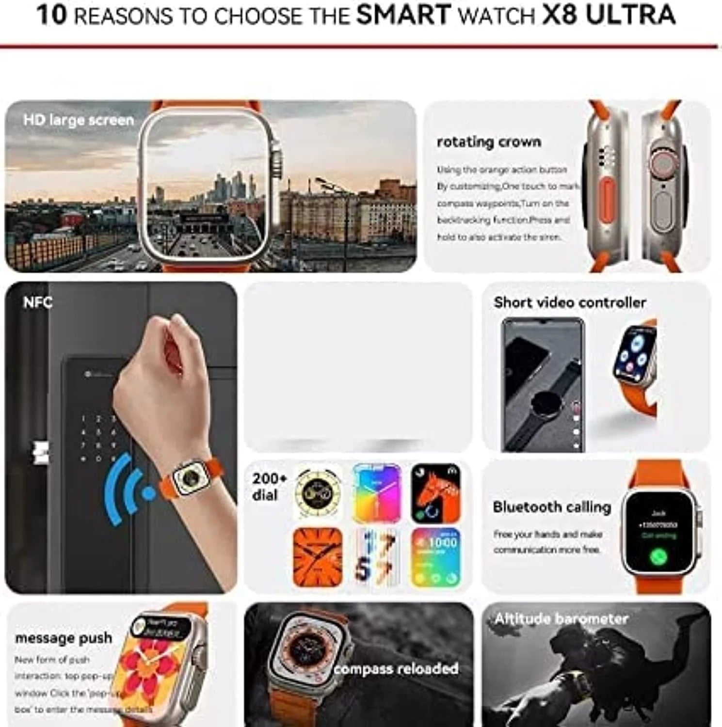 ساعة سمارت X8 الترا سلسلة 8 49 ملم Watch X8 Ultra ان اف سي لمراقبة درجة حرارة الجسم مع خاصية الاتصال اللاسلكي بالبلوتوث اسود | apple ultra watch apple watch ابل ساعات ساعات_ذكية | amazingEGP