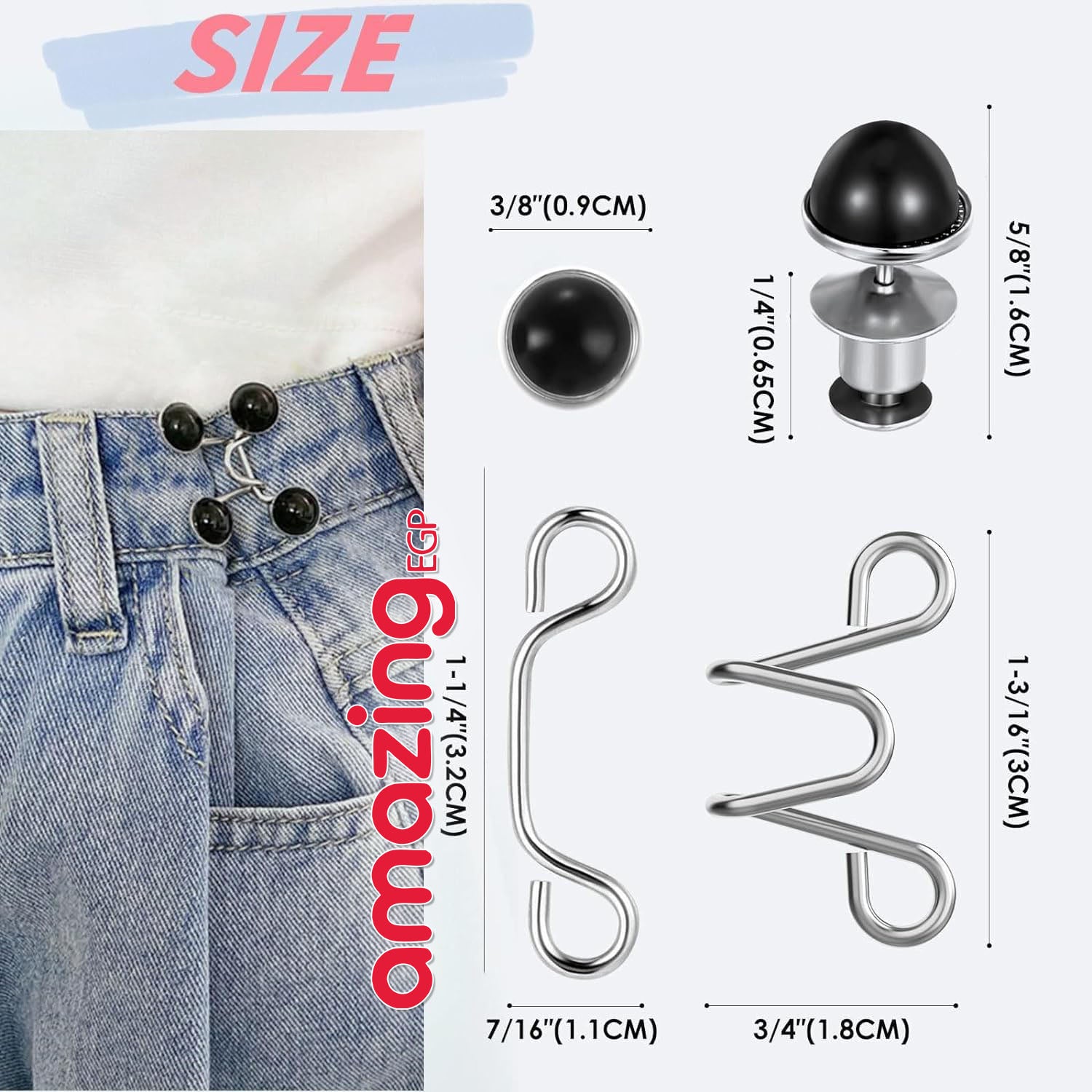 مشبك شدّ خصر للجينز قابل للتعديل – أزرار خصر فورية بدون خياطة، طقم 2 للبناطيل والتنانير | أسود