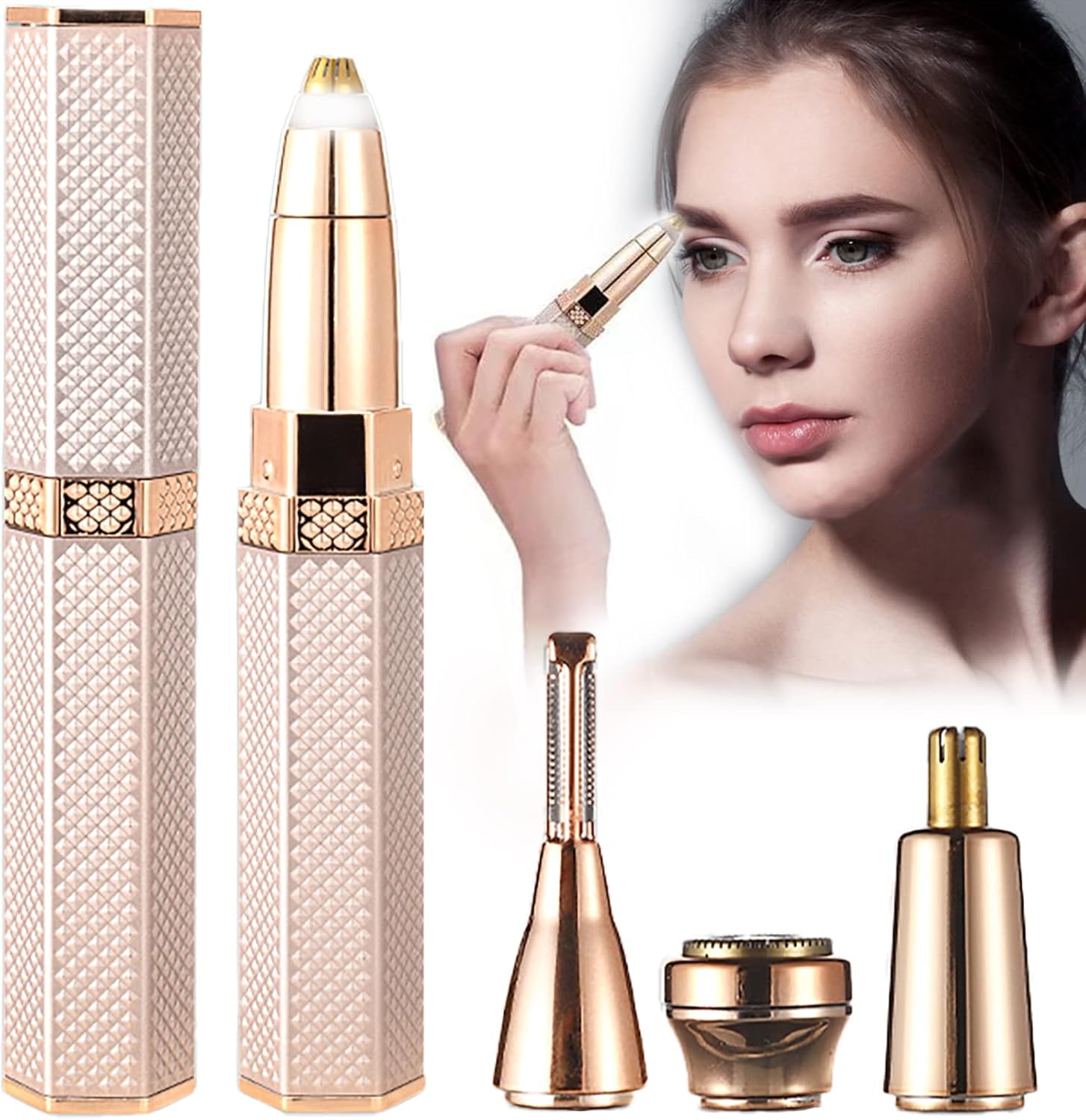 ماكينة حلاقة 4 في 1 لازالة شعر الوجه للنساء، ماكينة حلاقة للحواجب بدون الم قابلة لاعادة الشحن للوجه والخوخ والحواجب والشفاه والجسم والذقن والذراعين مع ضوء LED مدمج قابل لاعادة الشحن بمنفذ USB