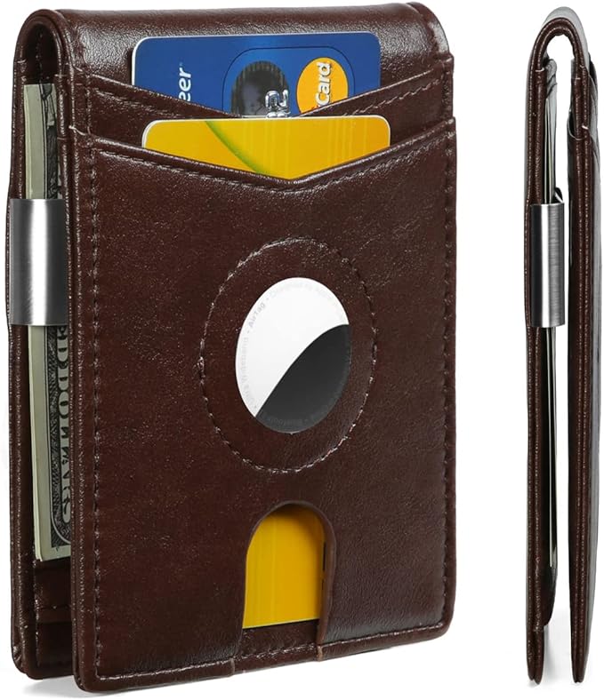 محفظة ايرتاج رفيعة للرجال مع مشبك نقود وتقنية RFID | بتقنية حجب تقنية تحديد الهوية بموجات الراديو، حافظة ثنائية الطي لحمل بطاقات الائتمان لجهاز ابل اير تاج – بني زيتي