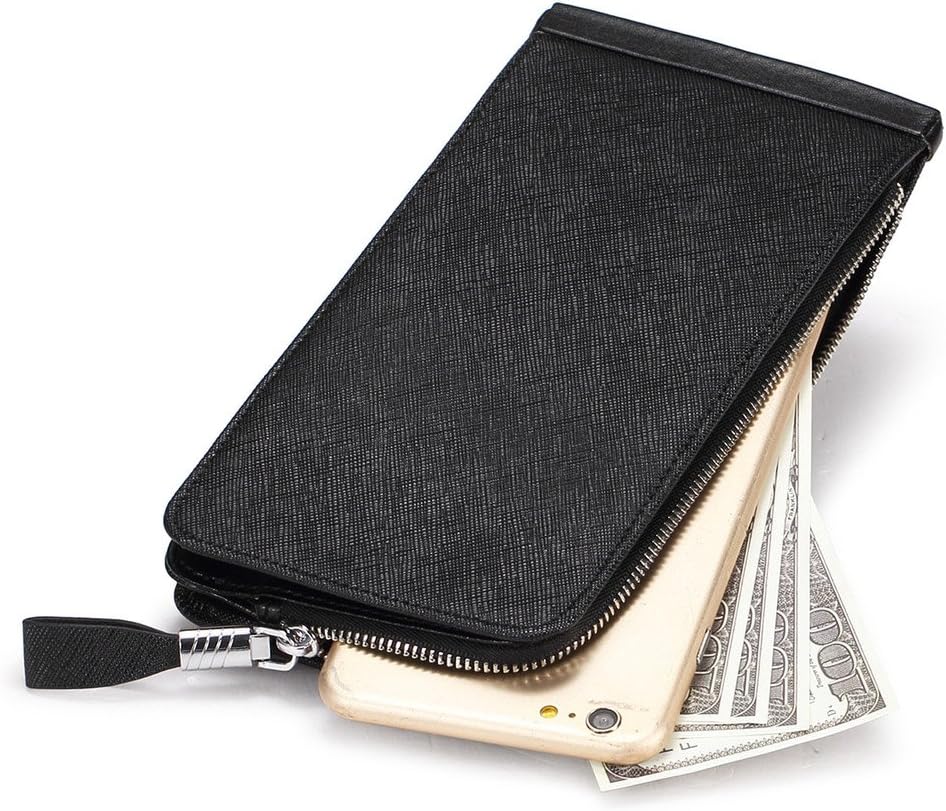 محفظة بسوستة مصنوعة من الجلد الطبيعي لحمل كروت الائتمان مع تقنية RFID  - محفظة رجالية ونسائية عالية الجودة من الجلد، محفظة ذكية نحيفة ورفيعة، تصميم بسيط بسعة 26 بطاقة | اسود  |