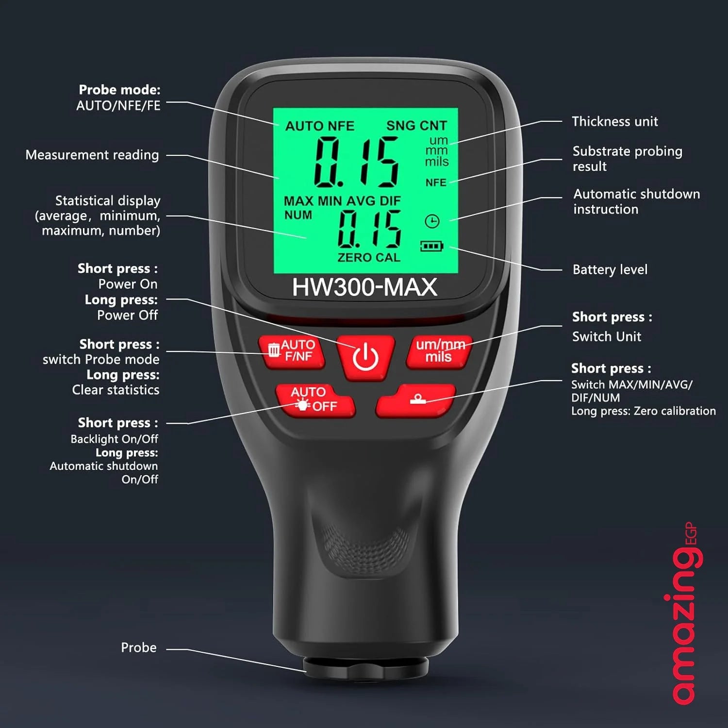 مقياس سمك الطلاء الرقمي لاختبار سمك الطلاء للسيارات والسيارات المستعملة مقياس طلاء  مقياس طلاء السيارات الاصلي وحدة ميكرومترميل نطاق 02000 ميكرومتر - HW300-MAX | السيارات السيارة المستعملة بوهية السيارة تنظيف_السيارة حادث سيارة شراء سيارة طلاء السيارة قيا