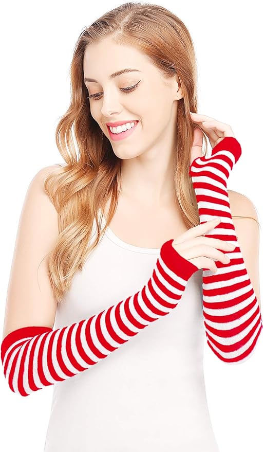 زوج من القفازات الشتوية طويلة بدون أصابع متماسكة قفازات لثقب الإبهام لتدفئة الذراع للنساء والفتيات ، حفلة استخدام زوج واحد -ابيض فى احمر