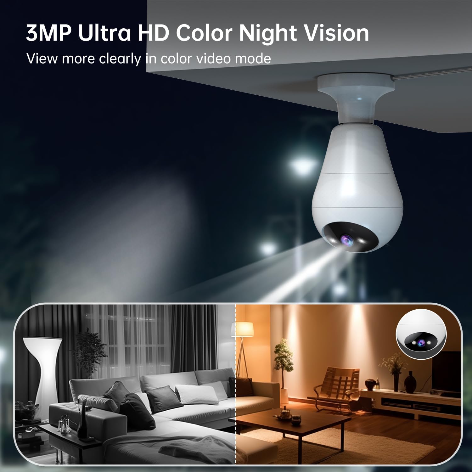 كاميرا لمبة ذكية بدقة 1080P مع واي فاي 2.4GHz وتحكم دوّار 355°/ميل 90° ورؤية ليلية ملوّنة، صوت ثنائي الاتجاه، تنبيه بالحركة، تركيب قاعدة E27 للاستخدام الداخلي والخارجي