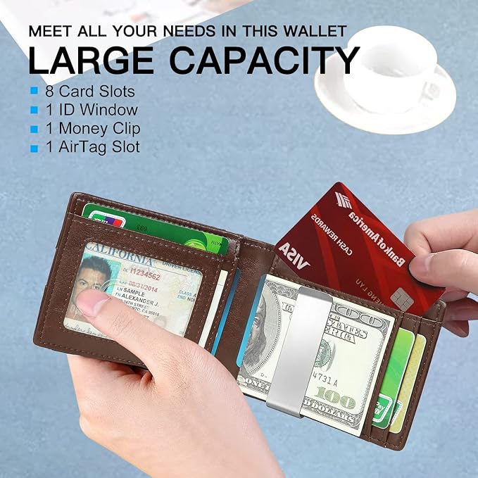 محفظة ايرتاج رفيعة للرجال مع مشبك نقود وتقنية RFID | بتقنية حجب تقنية تحديد الهوية بموجات الراديو، حافظة ثنائية الطي لحمل بطاقات الائتمان لجهاز ابل اير تاج – بني زيتي