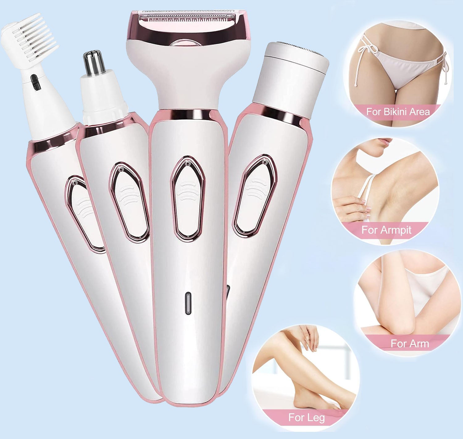 ماكينة حلاقة كهربائية للنساء 4 في 1، ماكينة حلاقة كهربائية للنساء 4 في 1، لتشذيب شعر الانف والحواجب والبيكيني واللحية ، ماكينة حلاقة لاسلكية محمولة وقابلة لاعادة الشحن للاستخدام الرطب والجاف