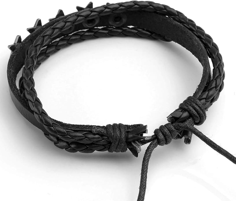 سوار للجنسين إسورة مضفرة بجلد طبيعي فاخر للرجال والنساء اساور يد محظوظ أسورة منسوجة زخرفة اليدوية نجوم - أسود MXJJ00012