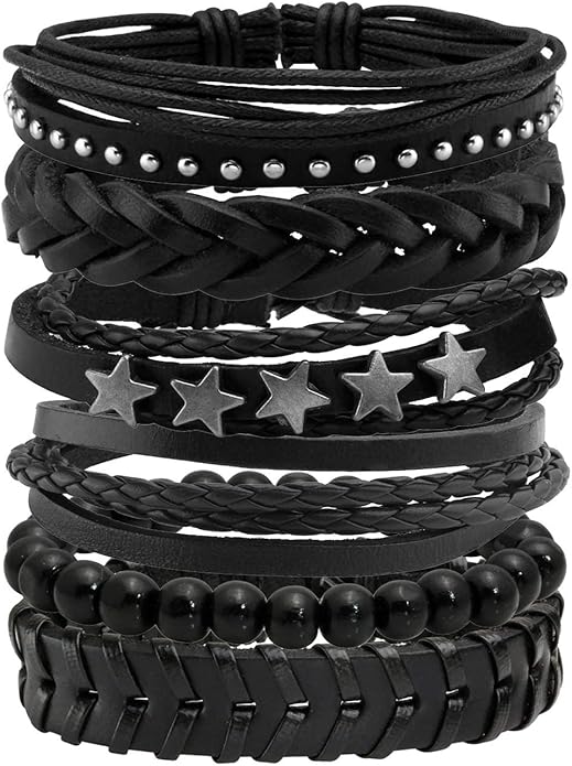 سوار للجنسين إسورة مضفرة بجلد طبيعي فاخر للرجال والنساء اساور يد محظوظ أسورة منسوجة زخرفة اليدوية نجوم - أسود MXJJ00012