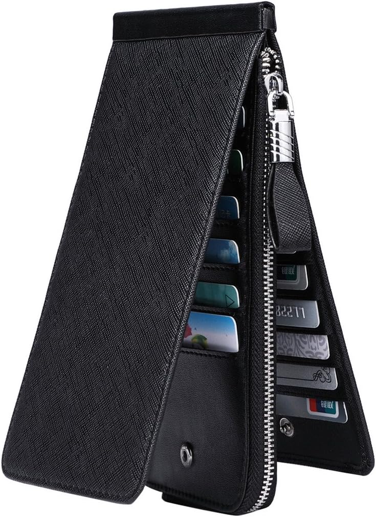 محفظة بسوستة مصنوعة من الجلد الطبيعي لحمل كروت الائتمان مع تقنية RFID  - محفظة رجالية ونسائية عالية الجودة من الجلد، محفظة ذكية نحيفة ورفيعة، تصميم بسيط بسعة 26 بطاقة | اسود  |