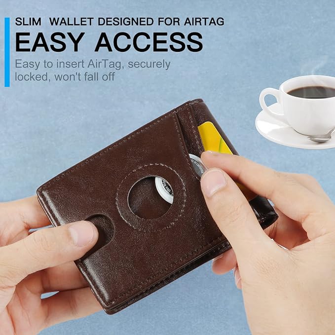 محفظة ايرتاج رفيعة للرجال مع مشبك نقود وتقنية RFID | بتقنية حجب تقنية تحديد الهوية بموجات الراديو، حافظة ثنائية الطي لحمل بطاقات الائتمان لجهاز ابل اير تاج – بني زيتي