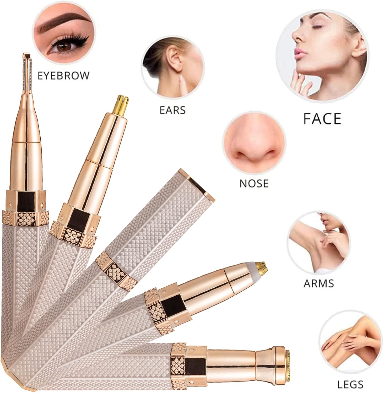 ماكينة حلاقة 4 في 1 لازالة شعر الوجه للنساء، ماكينة حلاقة للحواجب بدون الم قابلة لاعادة الشحن للوجه والخوخ والحواجب والشفاه والجسم والذقن والذراعين مع ضوء LED مدمج قابل لاعادة الشحن بمنفذ USB