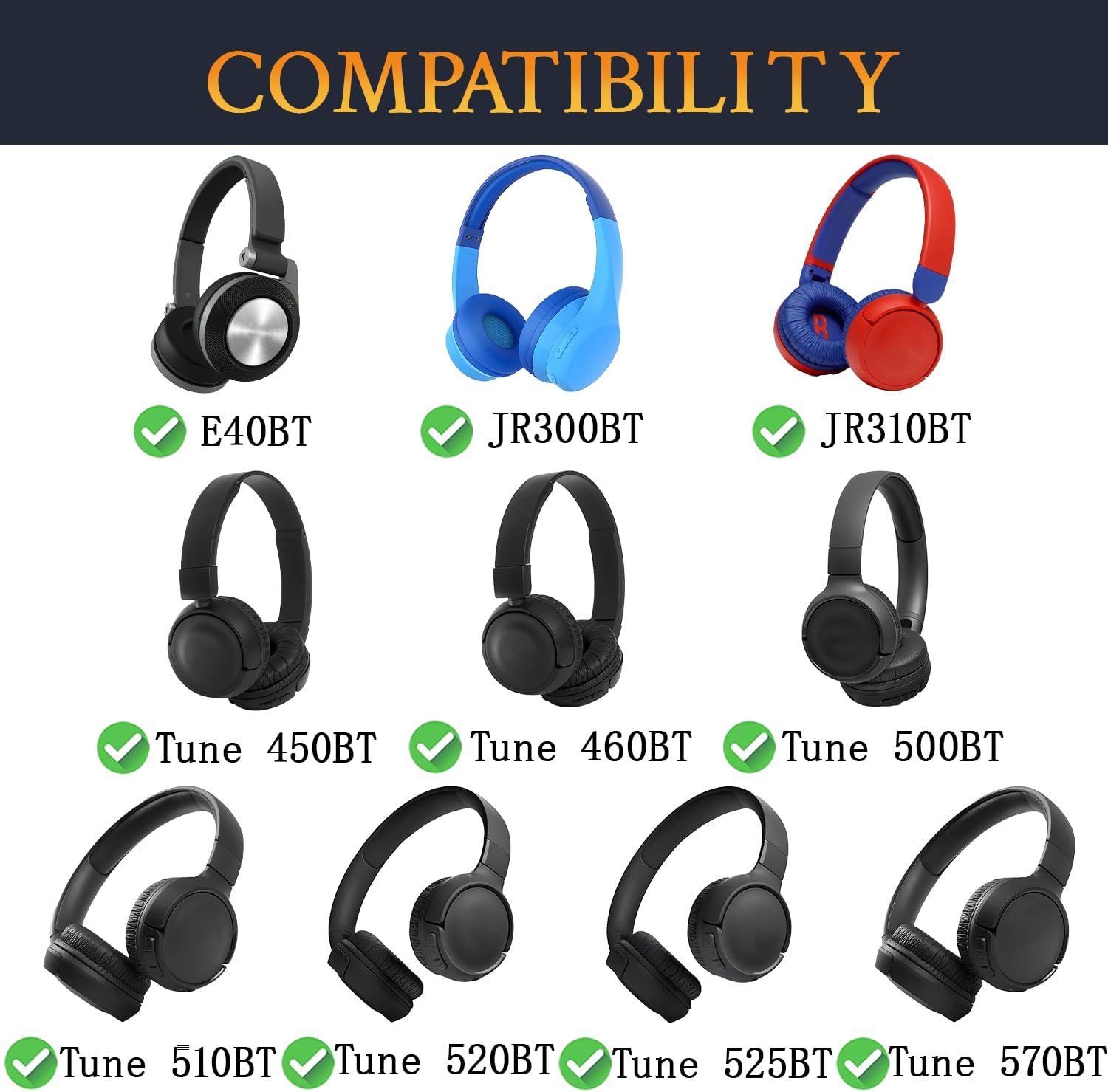 وسادات أذن بديلة لسماعات الرأس JBL  |  JR300، JR300BT، T450BT، T500BT، Tune 500، Tune 500BT، Tune 510BT، Tune 520 - — جلد بروتين + إسفنج ميموري فوم (أسود)