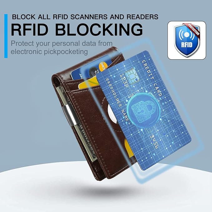 محفظة ايرتاج رفيعة للرجال مع مشبك نقود وتقنية RFID | بتقنية حجب تقنية تحديد الهوية بموجات الراديو، حافظة ثنائية الطي لحمل بطاقات الائتمان لجهاز ابل اير تاج – بني زيتي