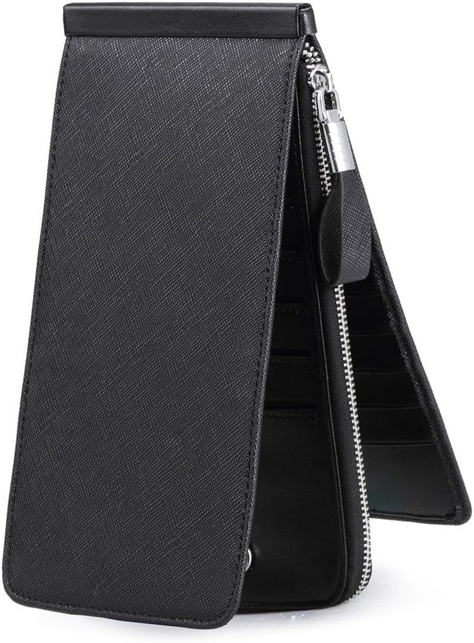 محفظة بسوستة مصنوعة من الجلد الطبيعي لحمل كروت الائتمان مع تقنية RFID  - محفظة رجالية ونسائية عالية الجودة من الجلد، محفظة ذكية نحيفة ورفيعة، تصميم بسيط بسعة 26 بطاقة | اسود  |