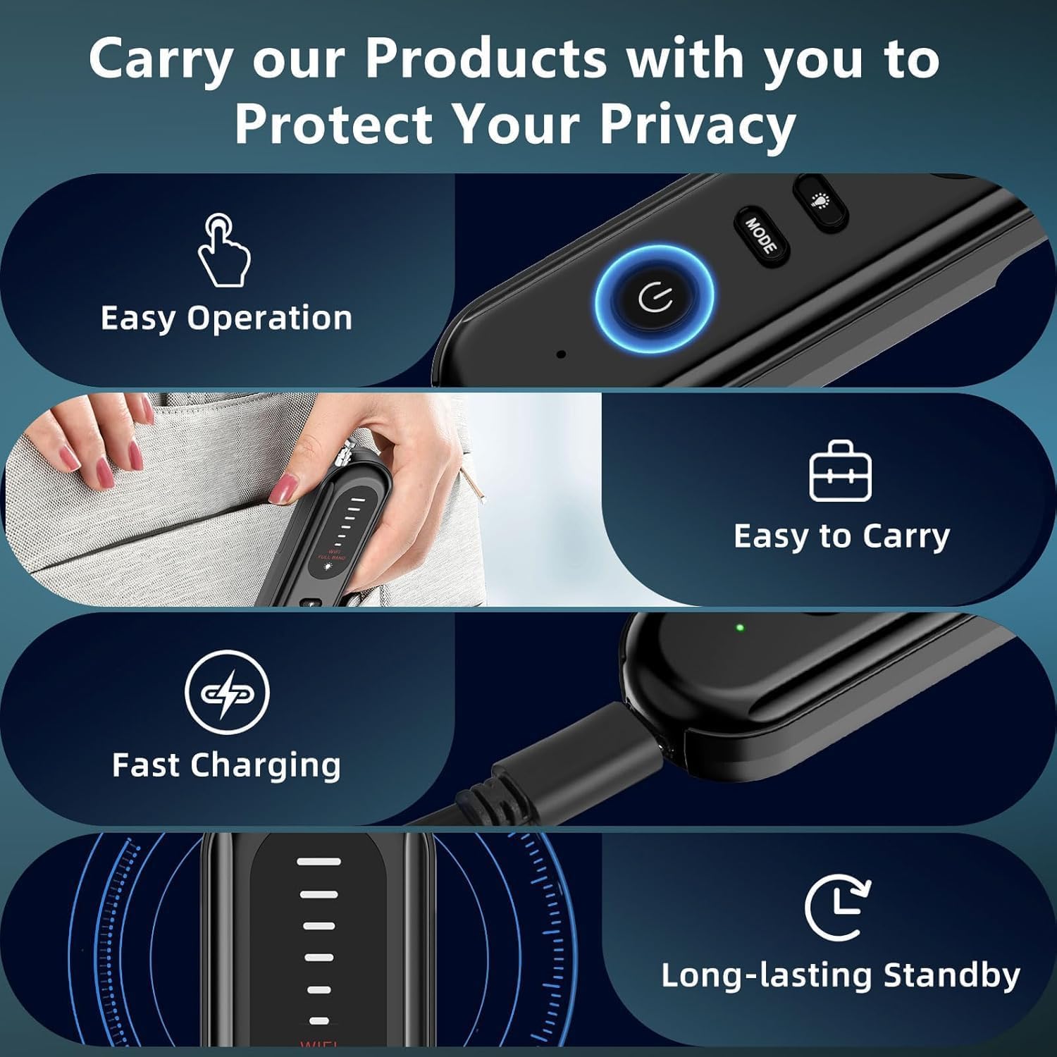 كاشف كاميرات وتجسّس متعدد الوظائف T01 – كاشف كاميرات مخفية/متعقّبات GPS/أجهزة تنصّت، محمول وقابل للشحن، للاستخدام في الفنادق والسيارة والمنزل والمكتب