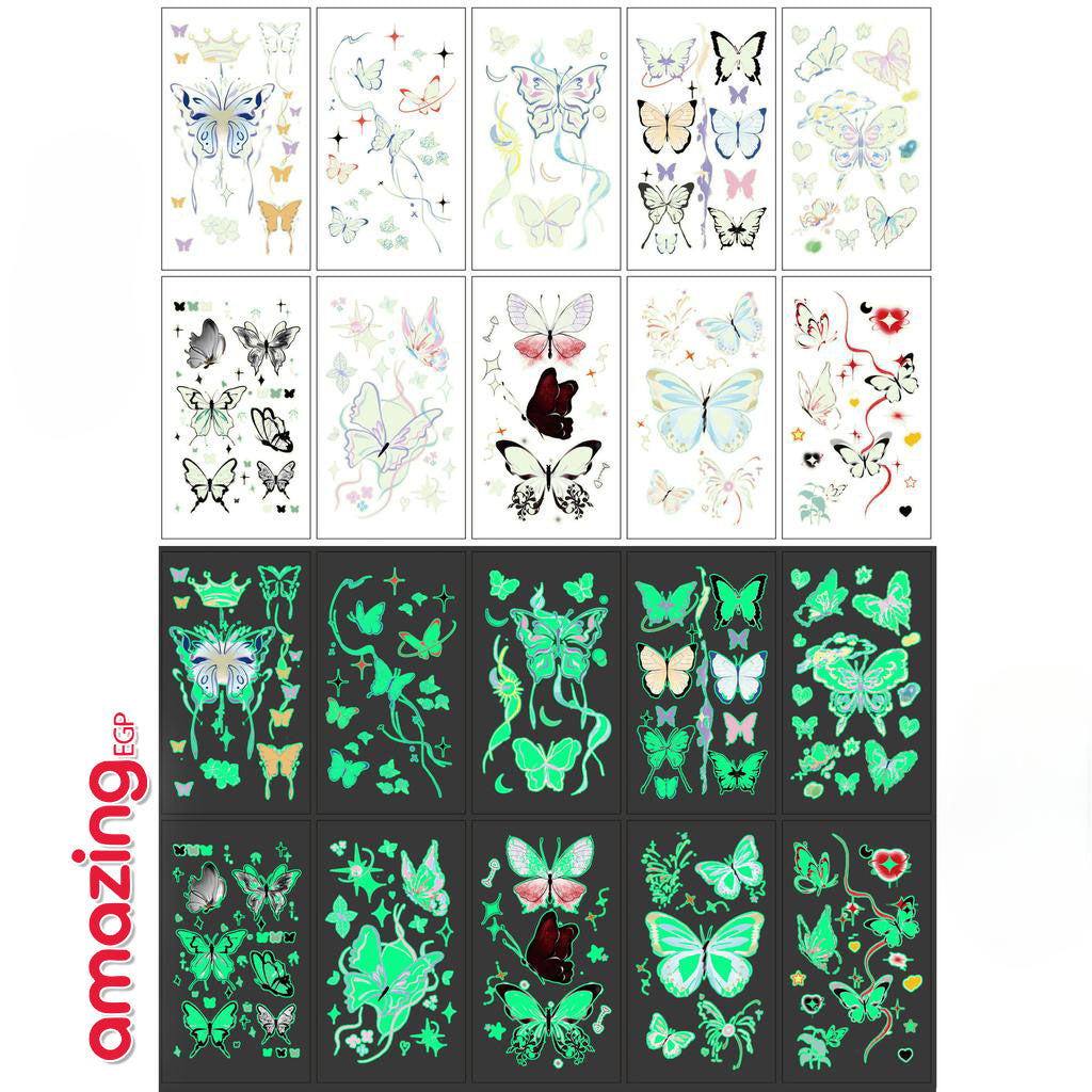ملصقات وشم مؤقتة مضيئة (الفراشات والزهور) – مجموعة 10 كروت منوعة لكل ورقة