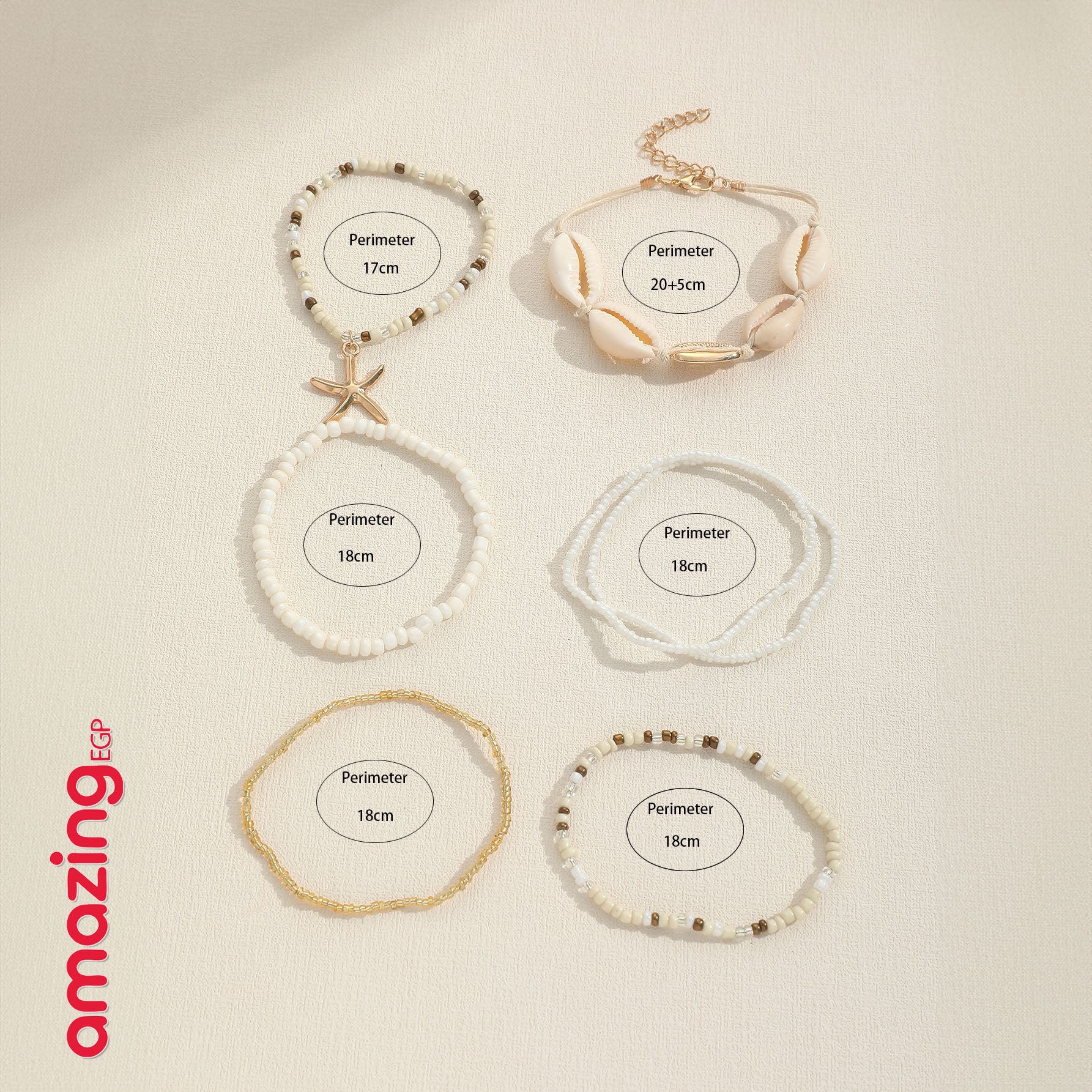 طقم أساور بوهيمي – خرز أزرق مع صدف وتعليقة نجمة بحر، لمسة صيفية جذّابة - 7 قطع - AMZ8661