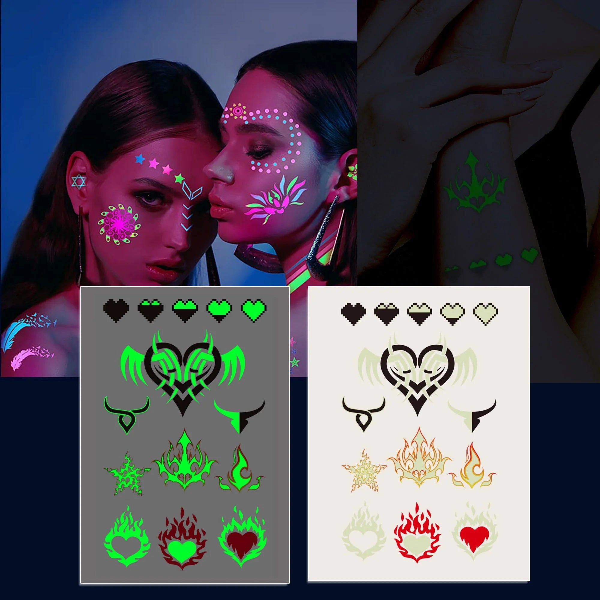 تتوهج في الظلامملصق وشم مضيئ الاحتفالات الصاخبة تاتو مزيف بالاشعة فوق البنفسجية يضئ فى الظلام لمستلزمات الحفلات للنساء والاطفال نمط قلب | تاتوة مضيئ تاتوه تاتوه_للجسم ملصق وشم وشم وشم مضيئ | amazingEGP