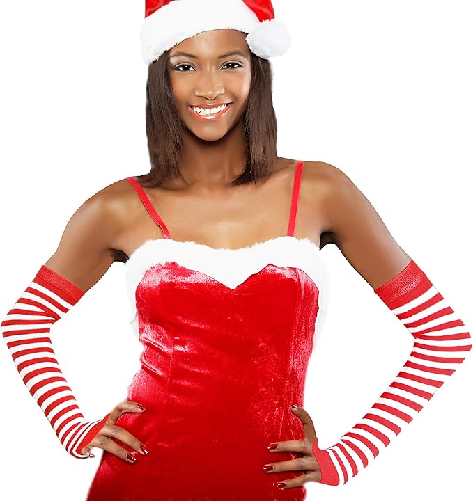 زوج من القفازات الشتوية طويلة بدون أصابع متماسكة قفازات لثقب الإبهام لتدفئة الذراع للنساء والفتيات ، حفلة استخدام زوج واحد -ابيض فى احمر