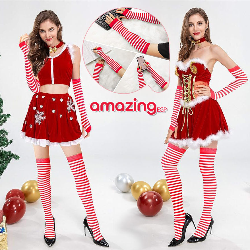 زوج من القفازات الشتوية طويلة بدون أصابع متماسكة قفازات لثقب الإبهام لتدفئة الذراع للنساء والفتيات ، حفلة استخدام زوج واحد -ابيض فى احمر