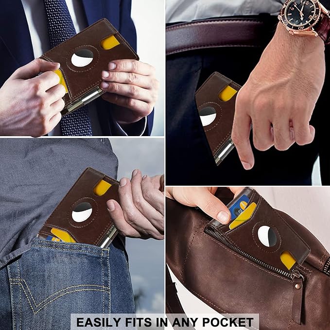 محفظة ايرتاج رفيعة للرجال مع مشبك نقود وتقنية RFID | بتقنية حجب تقنية تحديد الهوية بموجات الراديو، حافظة ثنائية الطي لحمل بطاقات الائتمان لجهاز ابل اير تاج – بني زيتي