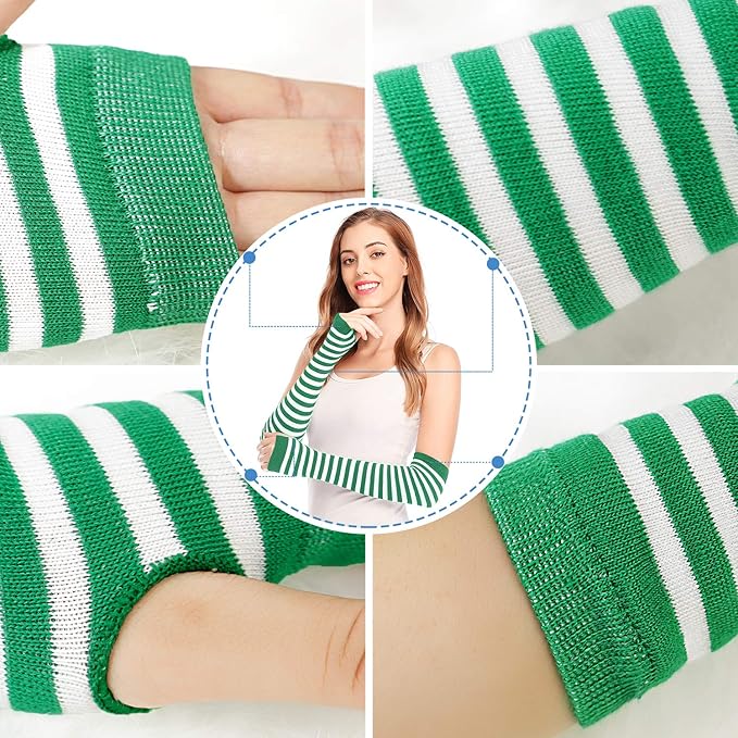 زوج من القفازات الشتوية طويلة بدون أصابع متماسكة قفازات لثقب الإبهام لتدفئة الذراع للنساء والفتيات ، حفلة استخدام زوج واحد -ابيض فى أخضر