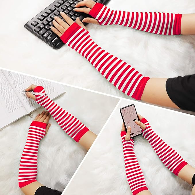 زوج من القفازات الشتوية طويلة بدون أصابع متماسكة قفازات لثقب الإبهام لتدفئة الذراع للنساء والفتيات ، حفلة استخدام زوج واحد -ابيض فى احمر