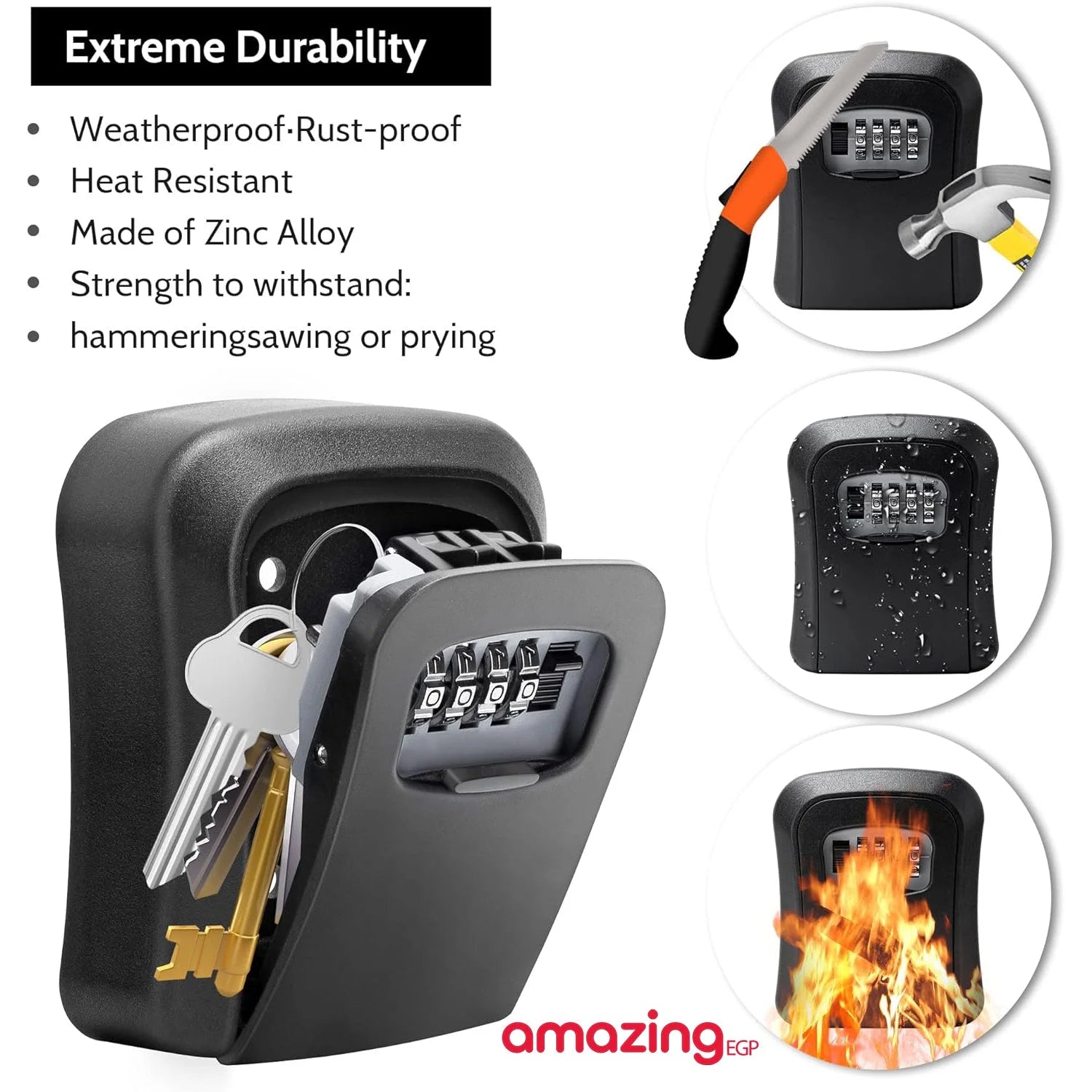 صندوق قفل للمفاتيح خزنة معدنية للمفاتيح بقفل من 4 ارقام للاستخدام في الاماكن الخارجية يثبت على الحائط لمفاتيح المنزل - معدن بالكامل اسود | اقفال تاتوه تخزين خزائن خزانة خزنة خزنة مفاتيح ديكور_منزل قفل باب للحديقة مفاتيح | amazingEGP