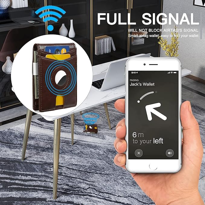 محفظة ايرتاج رفيعة للرجال مع مشبك نقود وتقنية RFID | بتقنية حجب تقنية تحديد الهوية بموجات الراديو، حافظة ثنائية الطي لحمل بطاقات الائتمان لجهاز ابل اير تاج – بني زيتي