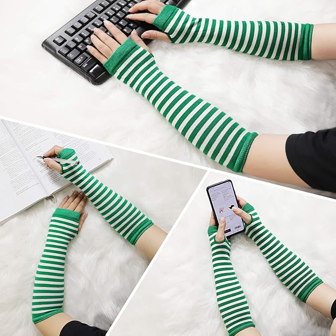 زوج من القفازات الشتوية طويلة بدون أصابع متماسكة قفازات لثقب الإبهام لتدفئة الذراع للنساء والفتيات ، حفلة استخدام زوج واحد -ابيض فى أخضر