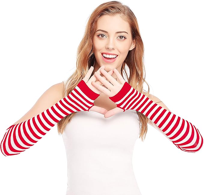 زوج من القفازات الشتوية طويلة بدون أصابع متماسكة قفازات لثقب الإبهام لتدفئة الذراع للنساء والفتيات ، حفلة استخدام زوج واحد -ابيض فى احمر