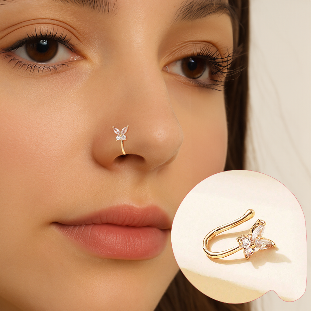 بيرسنج أنف حلقة أنف ،بدون اخرام من الفولاذ المقاوم للصدأ لا تسبب الحساسية لا حاجة للخرم ، مزينة بزركونيا على شكل فراشة غير مثقوبة للرجال والنساء تثبت بدون خرم