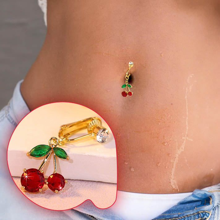 حلقة سرة من الطلاء الذهبي المحلّى بالزركونيا بتصميم الكرز الأحمر | بدون ثقب | مشبك سرة يومي جذّاب