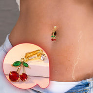 حلقة سرة من الطلاء الذهبي المحلّى بالزركونيا بتصميم الكرز الأحمر | بدون ثقب | مشبك سرة يومي جذّاب