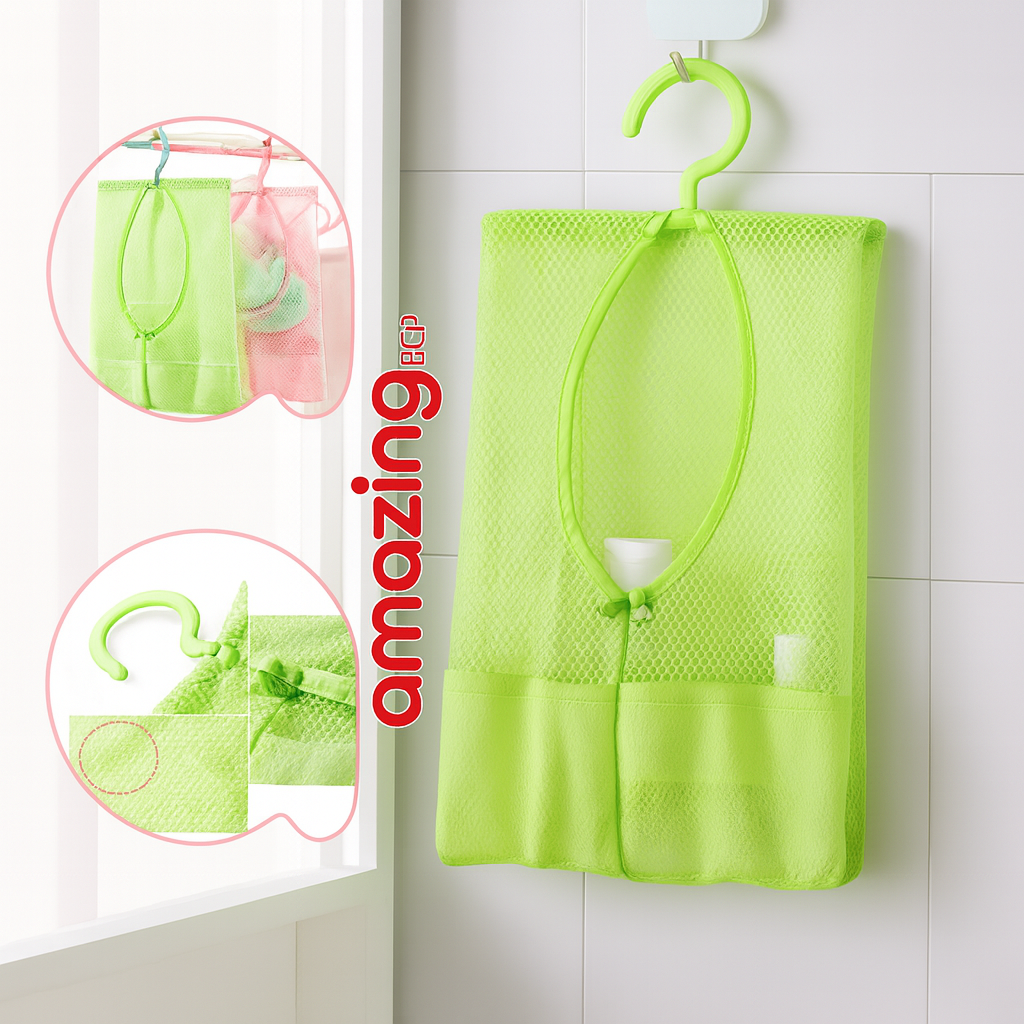 شنطة تخزين قابلة للتعليق متعددة الأغراض، تصلح لصابون حمام، منشفة التجفيف، شنطة شبكية، منظم للجوارب، للملابس داخلية، سلة لتجفيف الملابس - أخضر