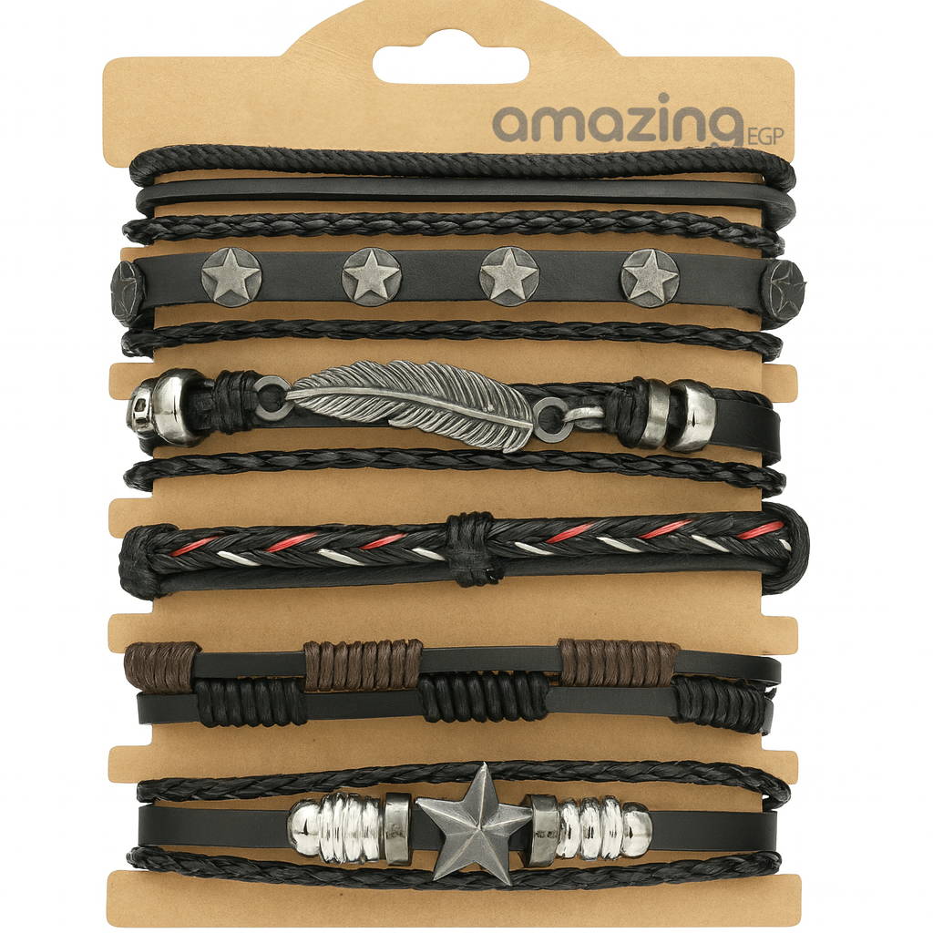 سوار للجنسين إسورة مضفرة بجلد طبيعي فاخر للرجال والنساء اساور يد محظوظ أسورة منسوجة زخرفة اليدوية نجوم وريشا - أسود AMZ_2602