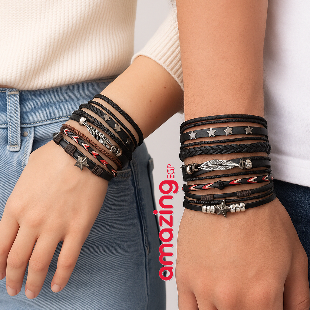 سوار للجنسين إسورة مضفرة بجلد طبيعي فاخر للرجال والنساء اساور يد محظوظ أسورة منسوجة زخرفة اليدوية نجوم وريشا - أسود AMZ_2602
