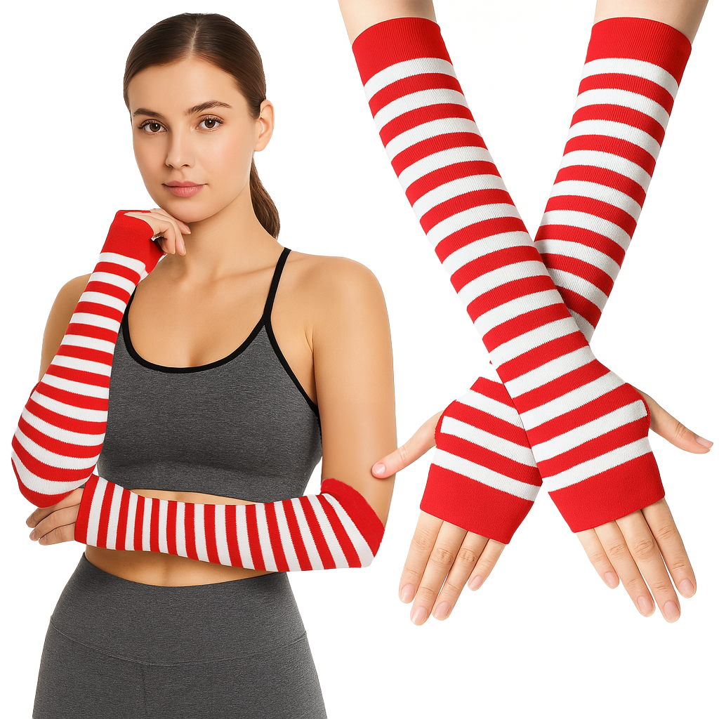 زوج من القفازات الشتوية طويلة بدون أصابع متماسكة قفازات لثقب الإبهام لتدفئة الذراع للنساء والفتيات ، حفلة استخدام زوج واحد -ابيض فى احمر