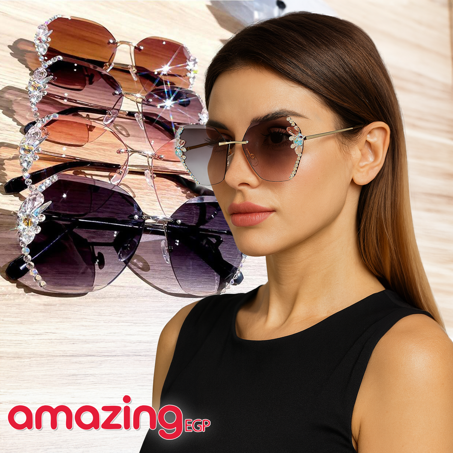 النظارات الشمسية المزخرفة بالراين حسب الموضة للنساء لاستخدام يومي، إكسسوارات الشاطئ للنساء، نظارات شمسية أساسية لملابس النساء مناسبة لحفلات اليخت وحفلات