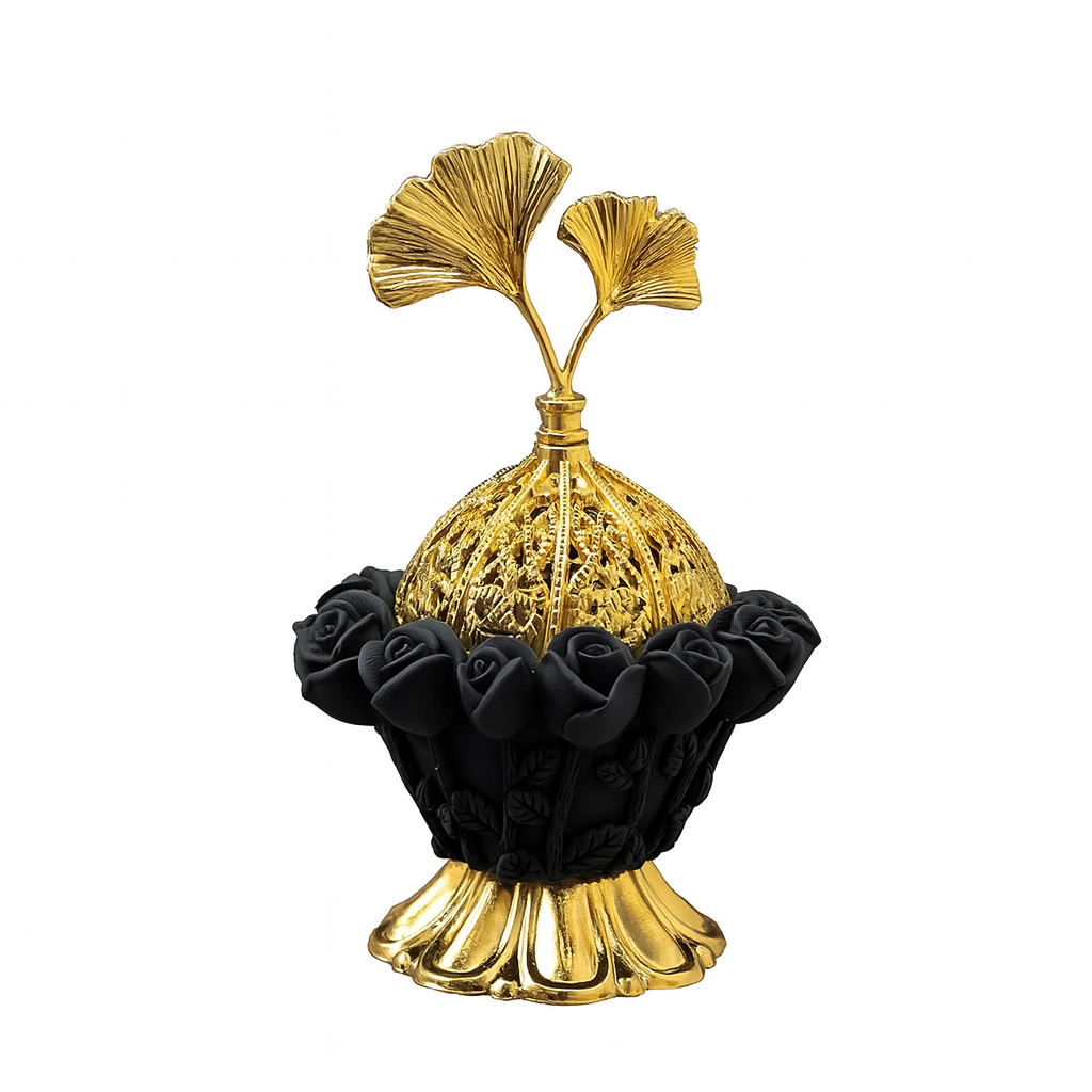 مبخرة وفواحة للبخور بتصميم ديكوري انيق، مبخرة بخور تصميم قطعة واحدة لبخور العود والزهور (اسود)