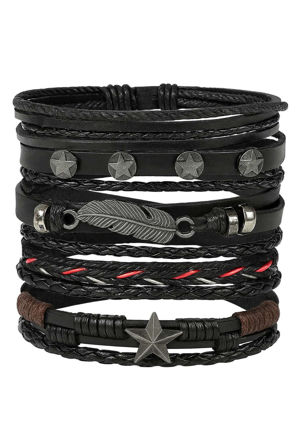 سوار للجنسين إسورة مضفرة بجلد طبيعي فاخر للرجال والنساء اساور يد محظوظ أسورة منسوجة زخرفة اليدوية نجوم وريشا - أسود AMZ_2602