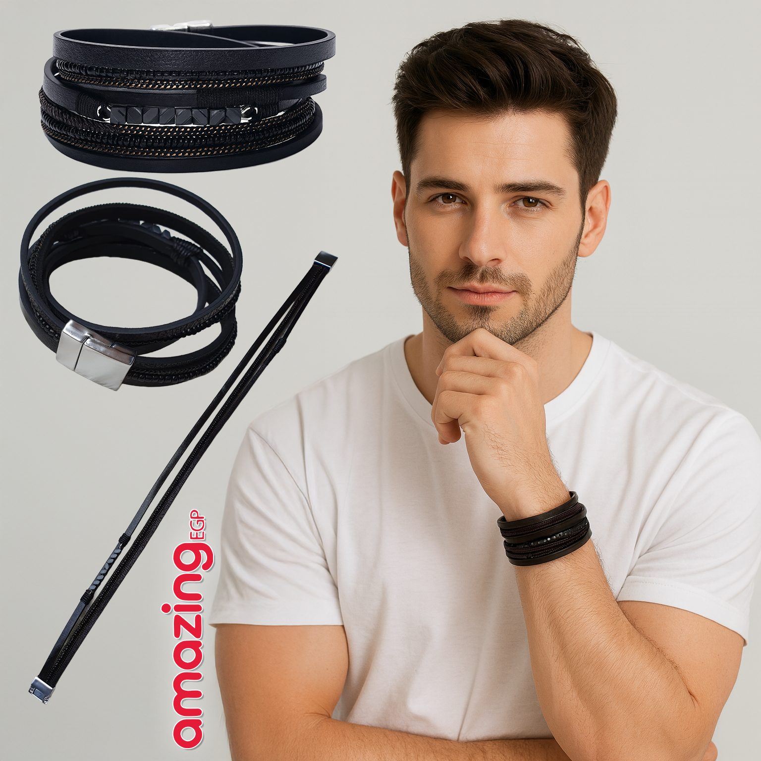 سوار للجنسين إسورة مضفرة بجلد طبيعي فاخر للرجال والنساء اساور يد محظوظ أسورة منسوجة زخرفة اليدوية جلد طبيعي -اسود