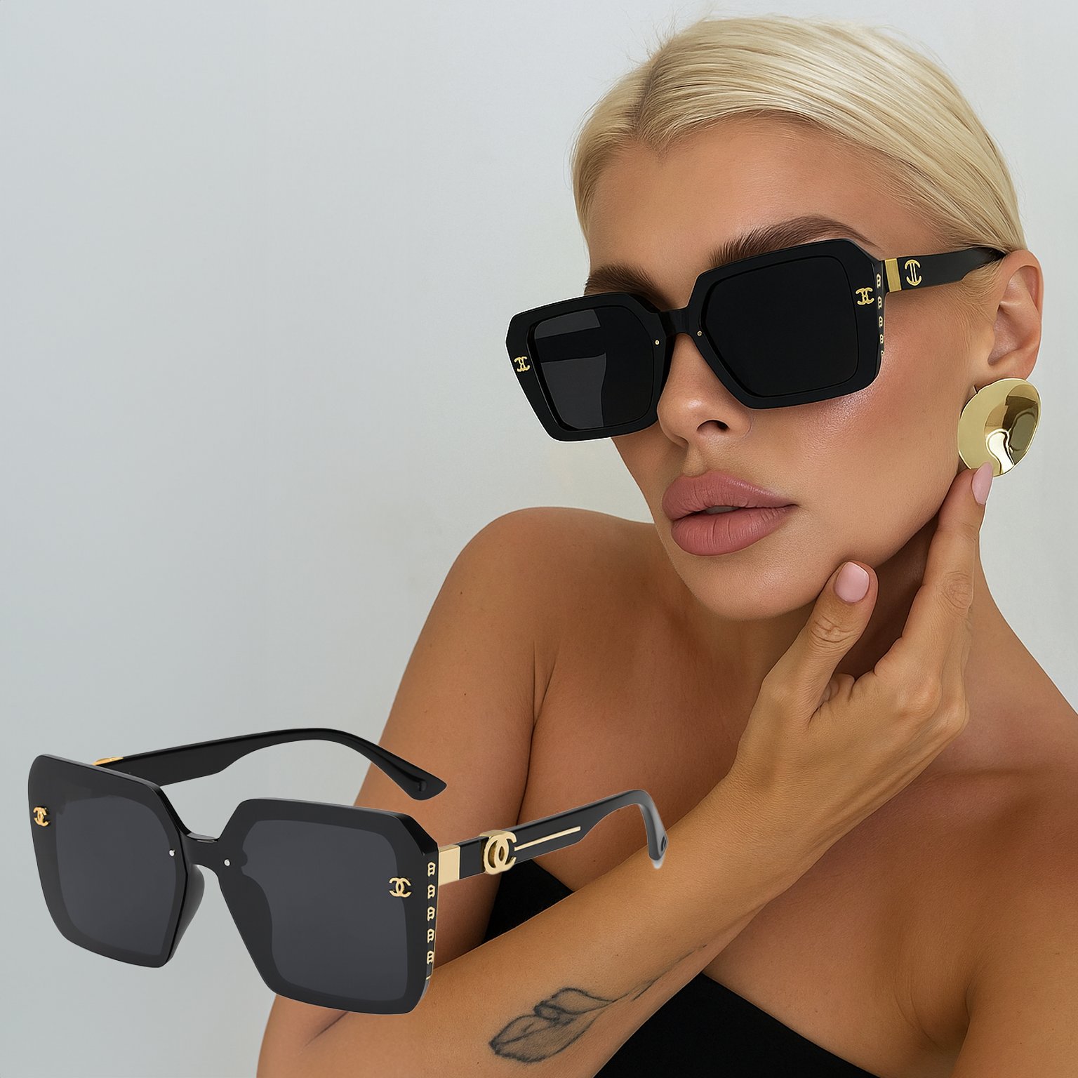 نظارة شمسية نسائية كبيرة الحجم بإطار مربّع كامل UV400 – تصميم كلاسيكي أسود بعدسات رمادي داكن