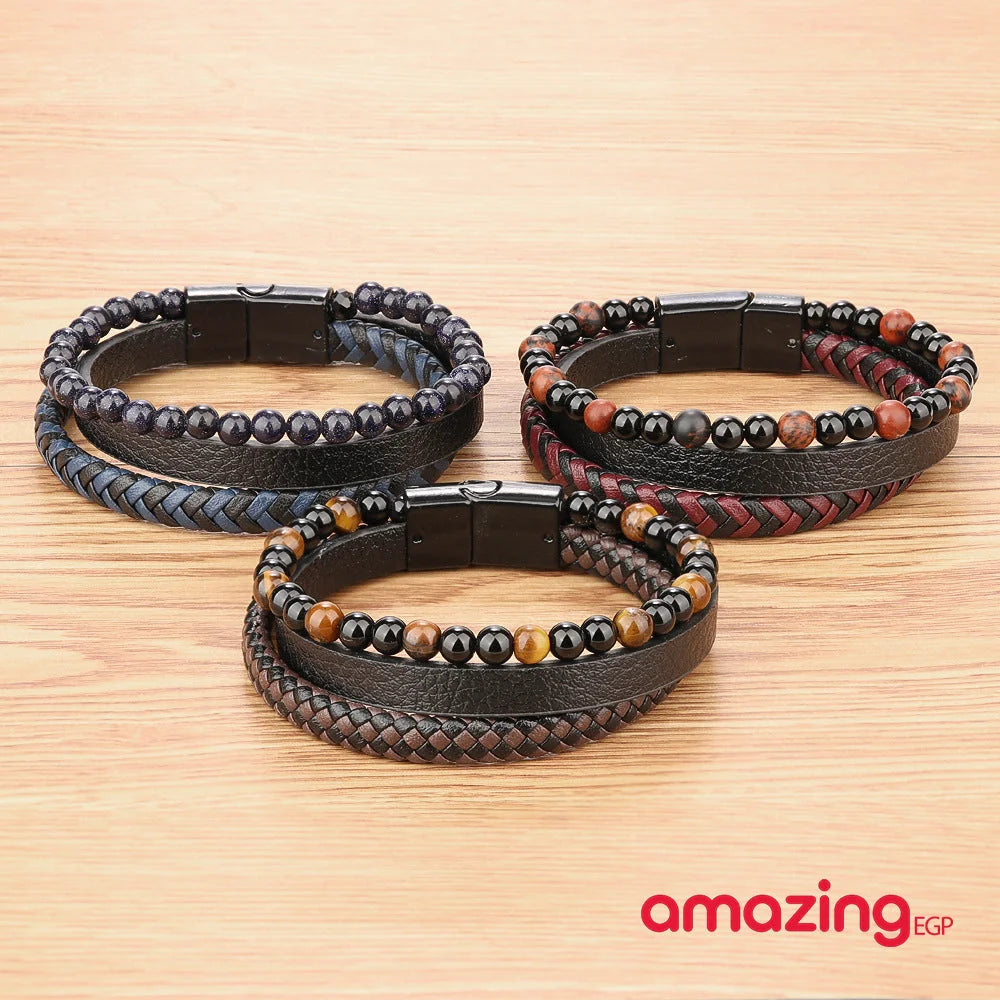 سوار للجنسين إسورة مضفرة بجلد طبيعي فاخر للرجال والنساء اساور يد أسورة جلد طبيعي مع احجار كريمة - اسود | اساور اساور كاحل اسورة اكسسوارات الرجال جلد طبيعي سوار | amazingEGP