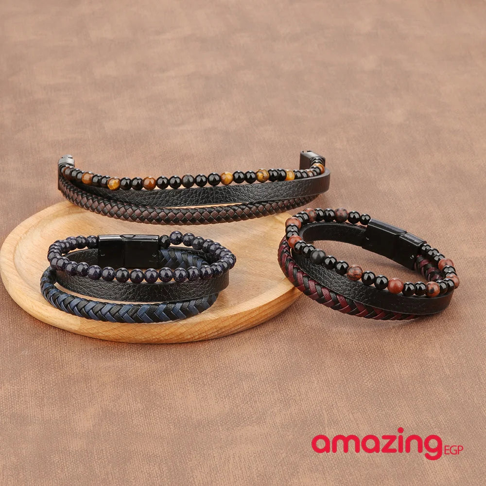 سوار للجنسين إسورة مضفرة بجلد طبيعي فاخر للرجال والنساء اساور يد أسورة جلد طبيعي مع احجار كريمة - اسود | اساور اساور كاحل اسورة اكسسوارات الرجال جلد طبيعي سوار | amazingEGP