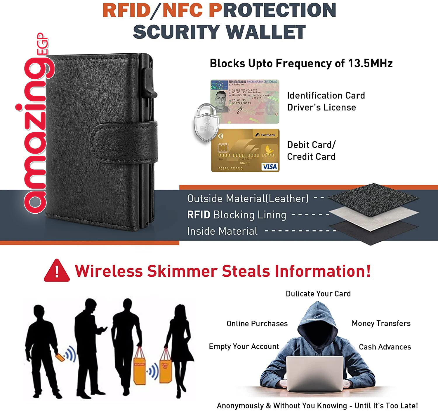 محفظة بطاقات جلد طبيعي رفيعة منبثقة مع حجب RFID وجيب عملات – محفظة ذكية نحيفة ورفيعة، تصميم بسيط بسعة7 بطاقة | اسود (MW1028-1)