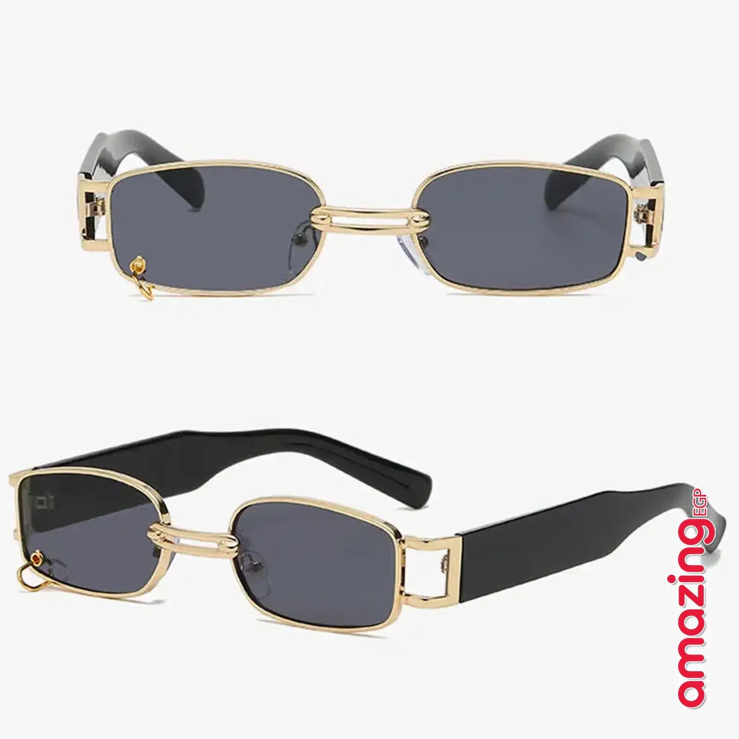 نظارة شمسية مستطيلة نظارات موضة مربعة إطار معدني خفيف نظارة بثقب وعلاقة بالعدسة - ذهبي/أسود